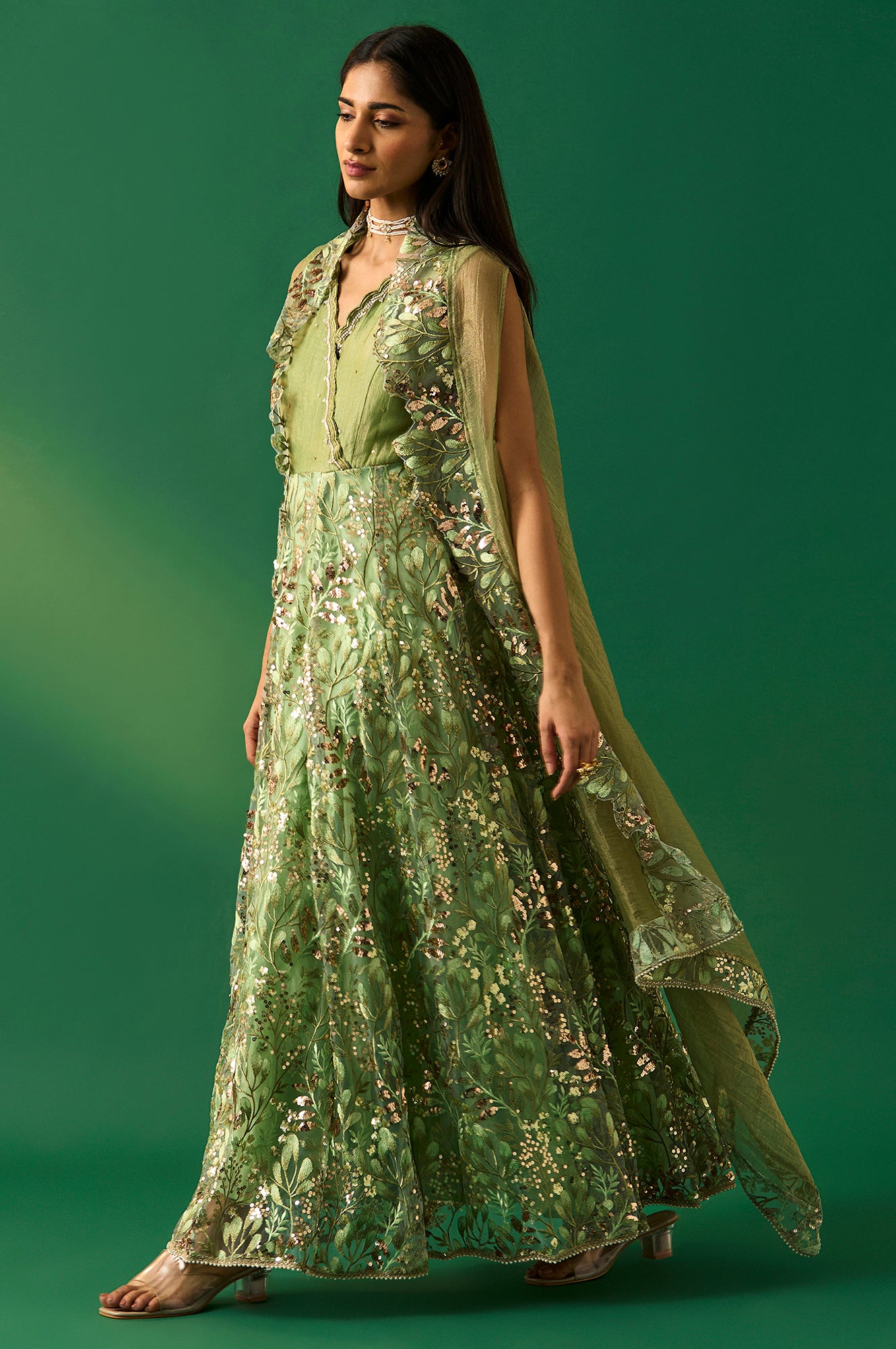Green Embroidered Anarkali Tissue Dress with Churidar and Dupatta Set