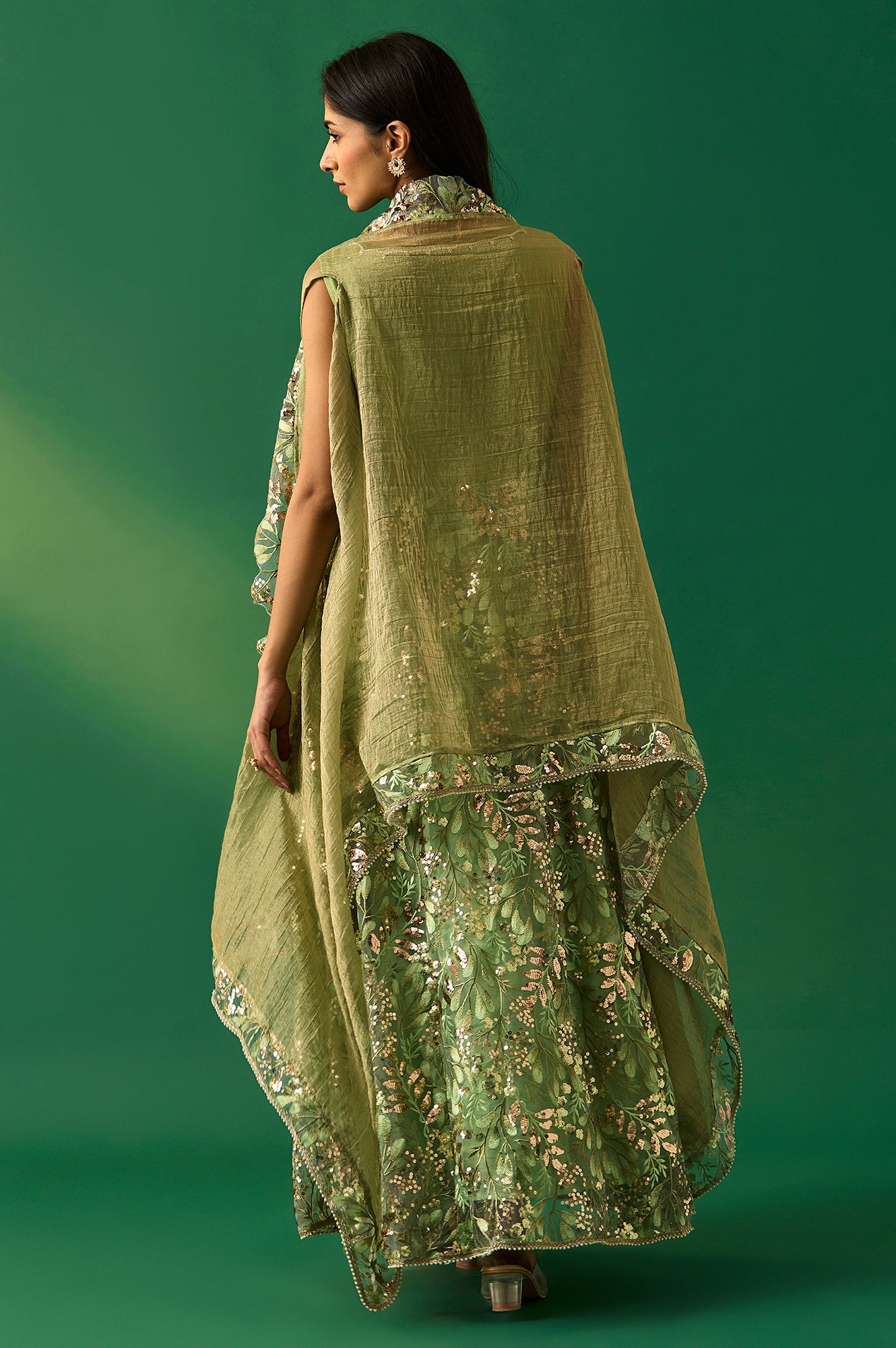 Green Embroidered Anarkali Tissue Dress with Churidar and Dupatta Set