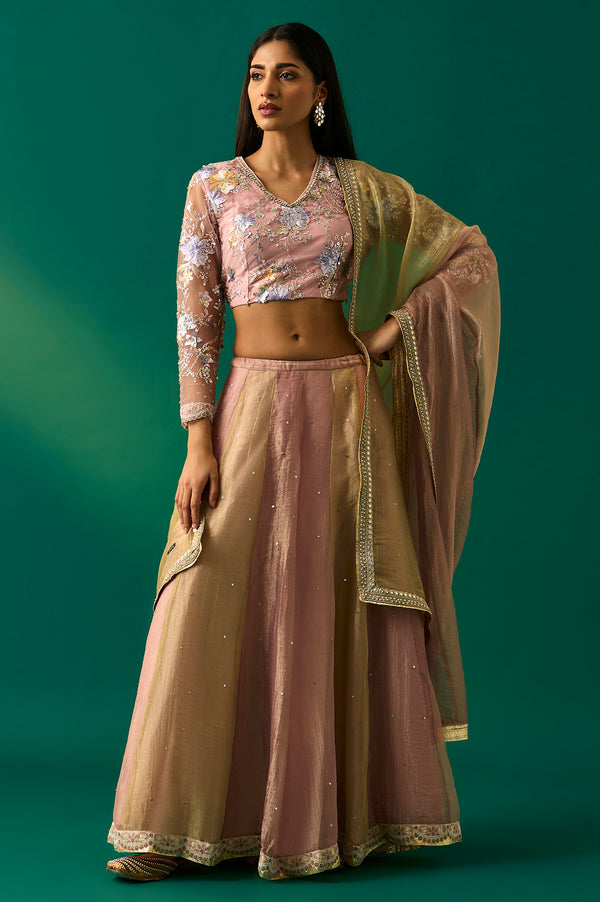 Pink Embroidered Tissue Blouse with Skirt and Dupatta Set