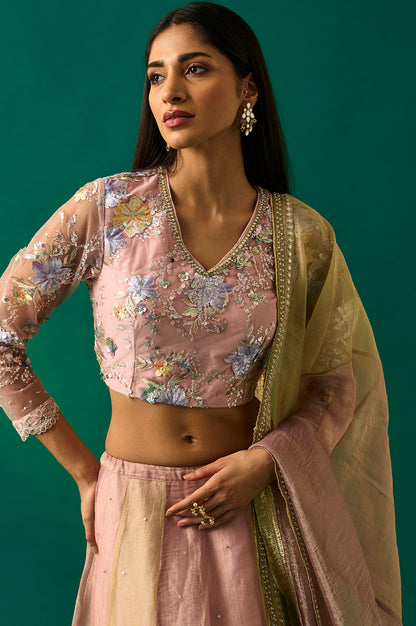 Pink Embroidered Tissue Blouse with Skirt and Dupatta Set