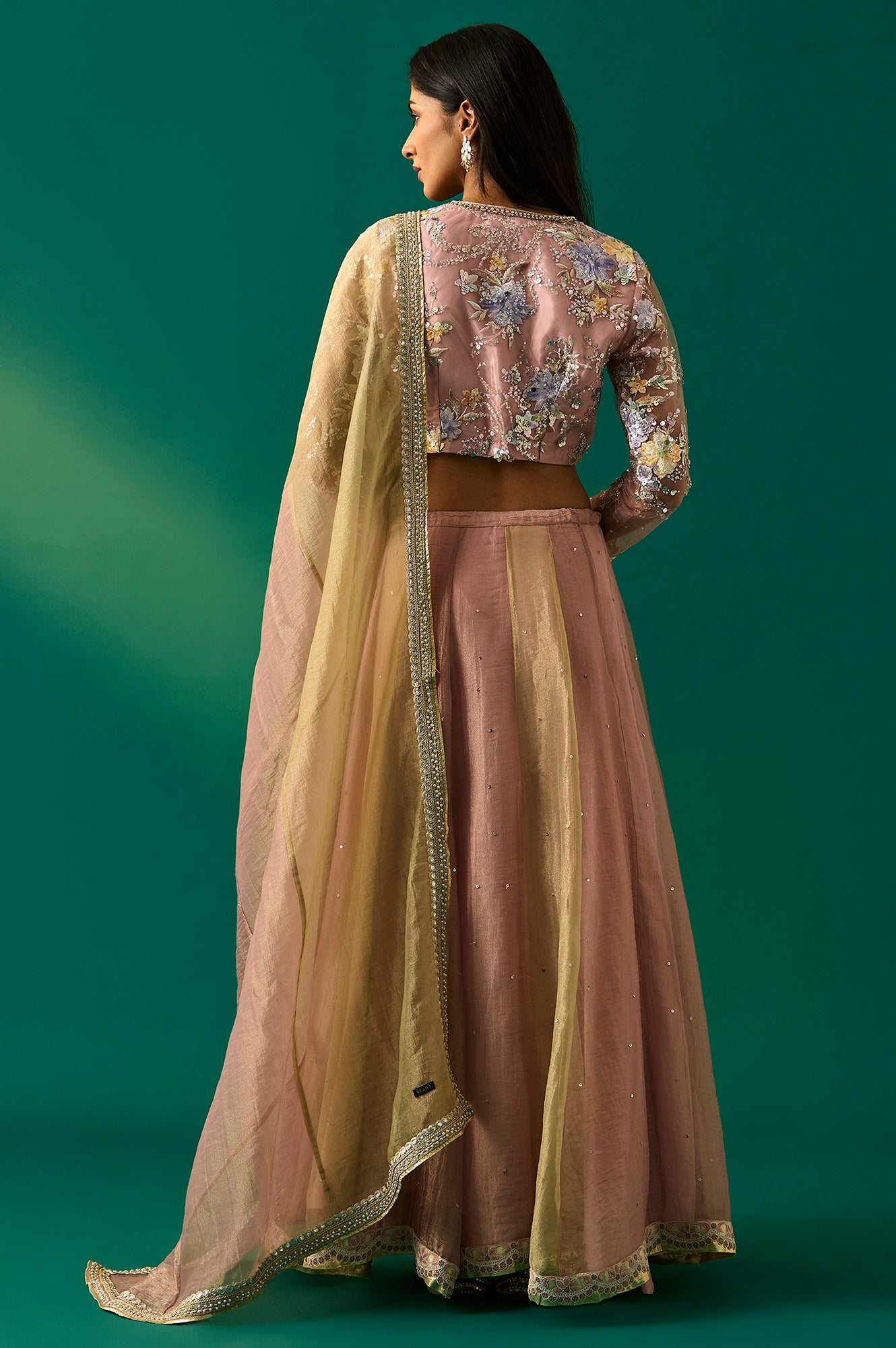 Pink Embroidered Tissue Blouse with Skirt and Dupatta Set