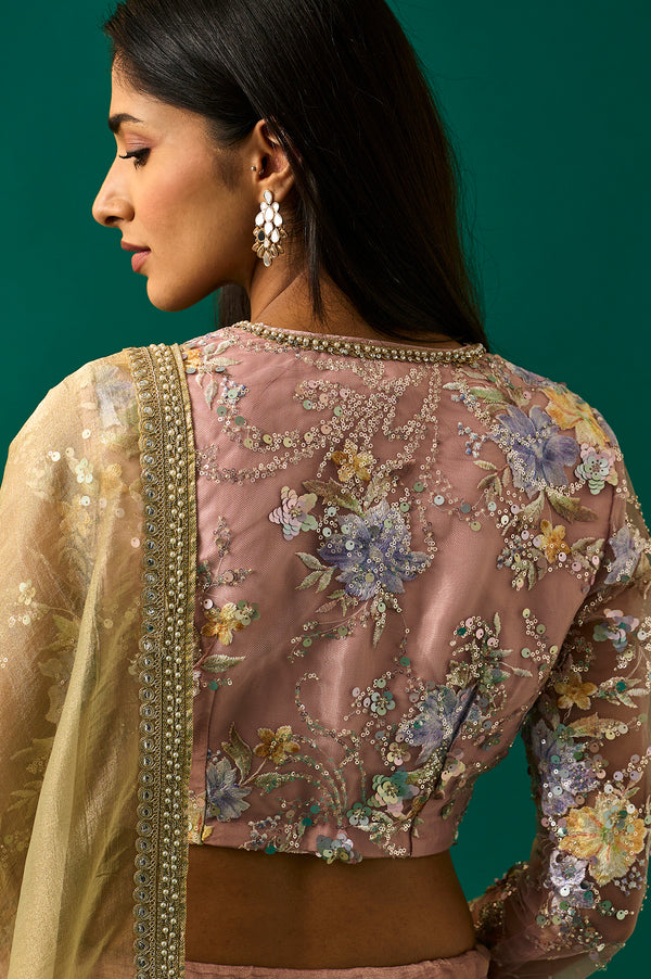Pink Embroidered Tissue Blouse with Skirt and Dupatta Set