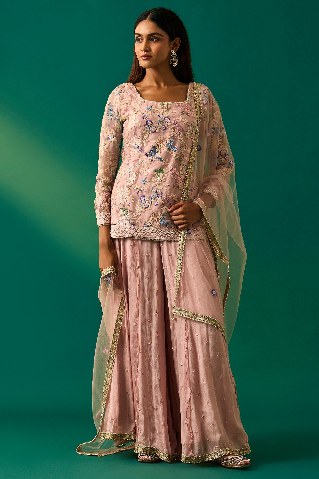 Pink Floral Embroidered Straight Kurta with Culotte and Dupatta Set