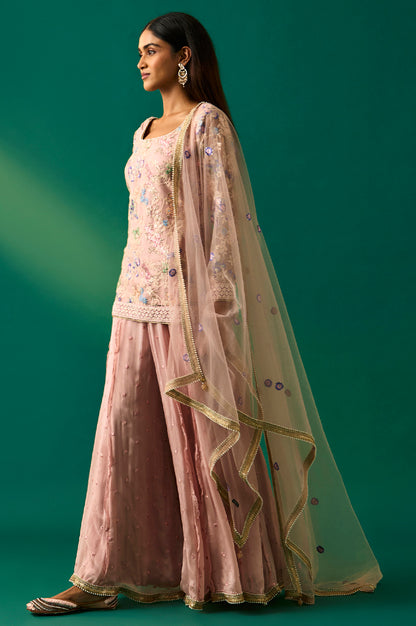 Pink Floral Embroidered Straight Kurta with Culotte and Dupatta Set