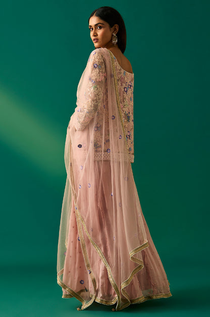 Pink Floral Embroidered Straight Kurta with Culotte and Dupatta Set