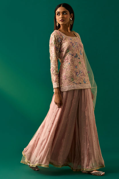 Pink Floral Embroidered Straight Kurta with Culotte and Dupatta Set