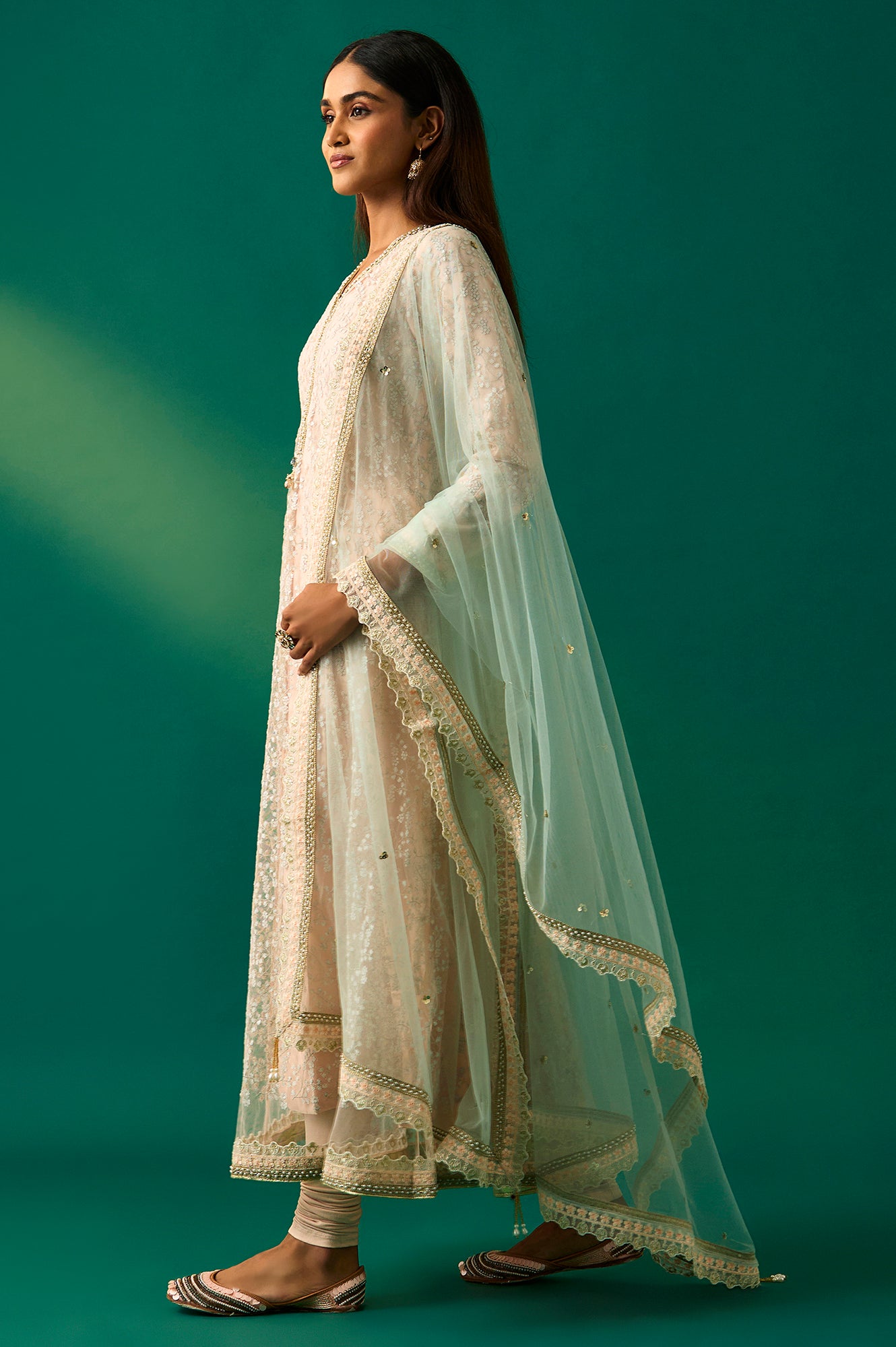 Beige Embroidered Anarkali Net Kurta with Churidar and Dupatta Set