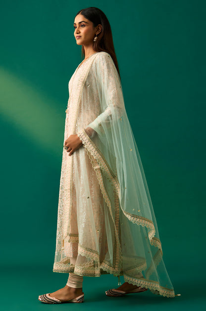 Beige Embroidered Anarkali Net Kurta with Churidar and Dupatta Set