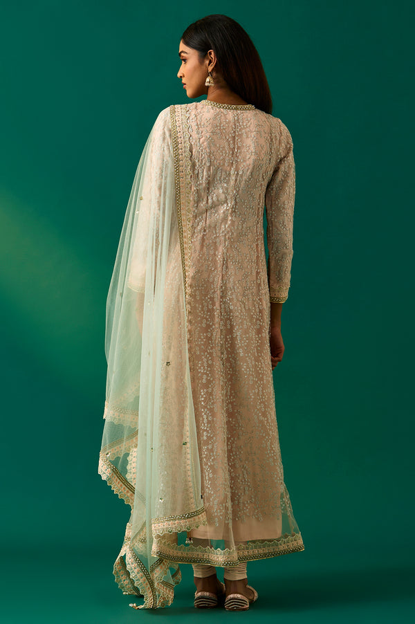 Beige Embroidered Anarkali Net Kurta with Churidar and Dupatta Set