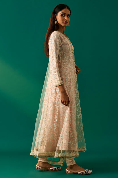 Beige Embroidered Anarkali Net Kurta with Churidar and Dupatta Set