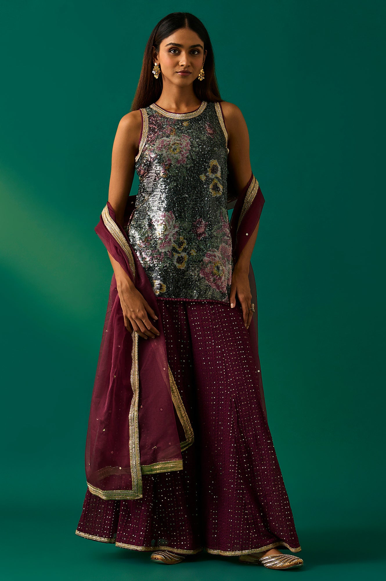 Green Embroidered Straight Kurta with Sharara and Dupatta Set