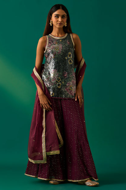 Green Embroidered Straight Kurta with Sharara and Dupatta Set