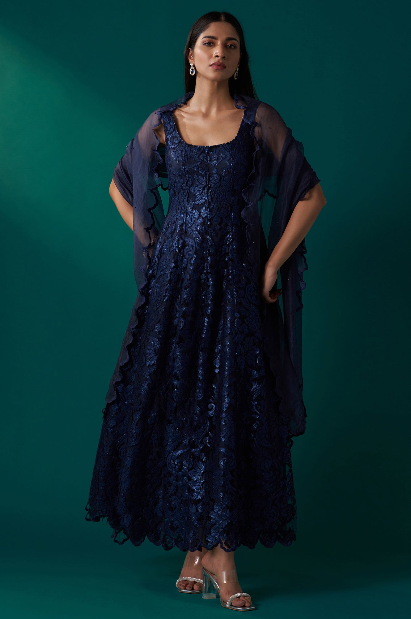Navy Blue Sequin Embroidered Anarkali Dress and Scalloped Organza Dupa
