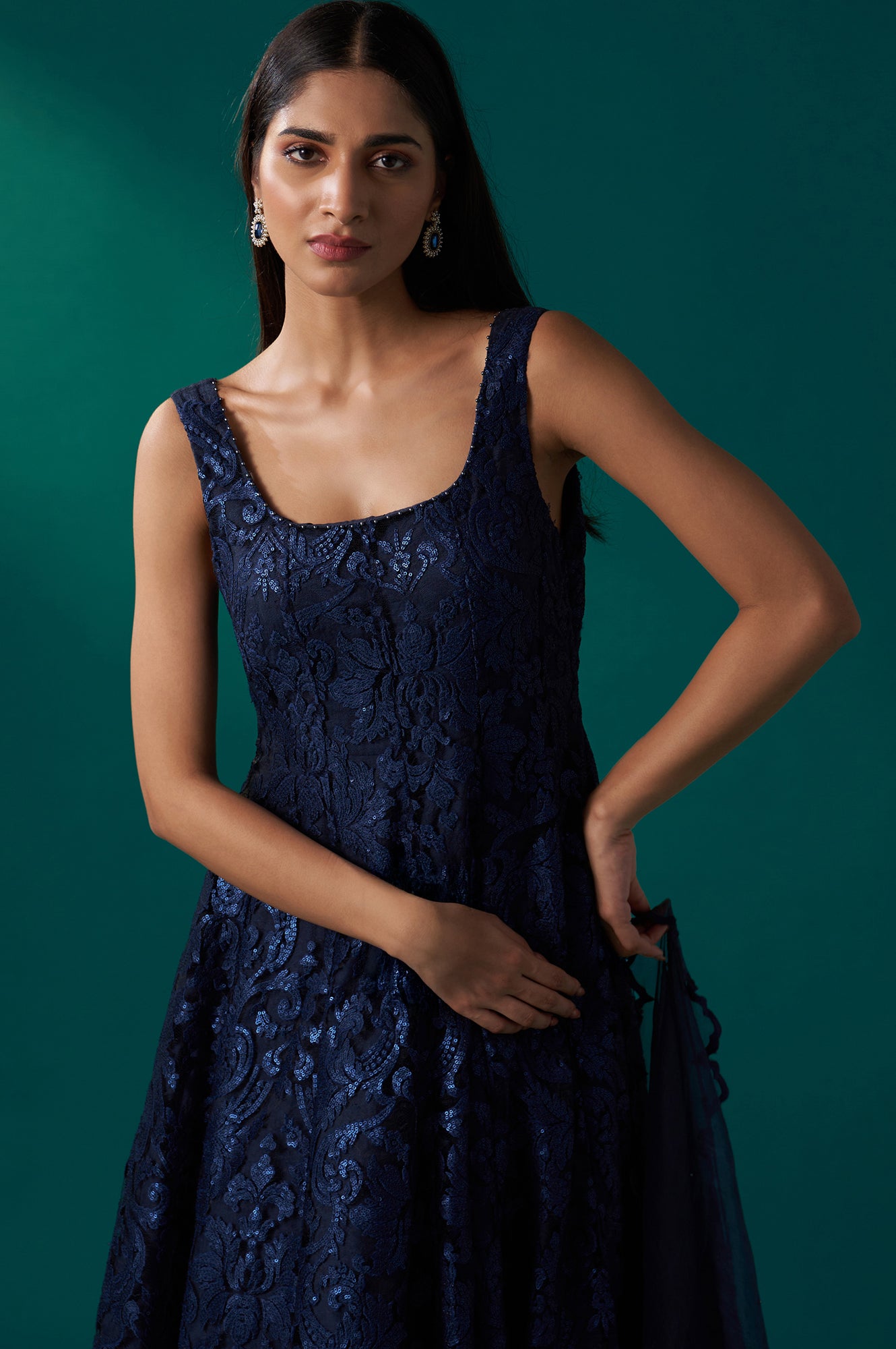 anarkali dress navy blue Cbazaar Women's Anarkali Suit | Navy Blue Georgette Zari Embroidered Sequins Anarkali Suit | Blue | Chic Style | Eid | Classic Neck Style