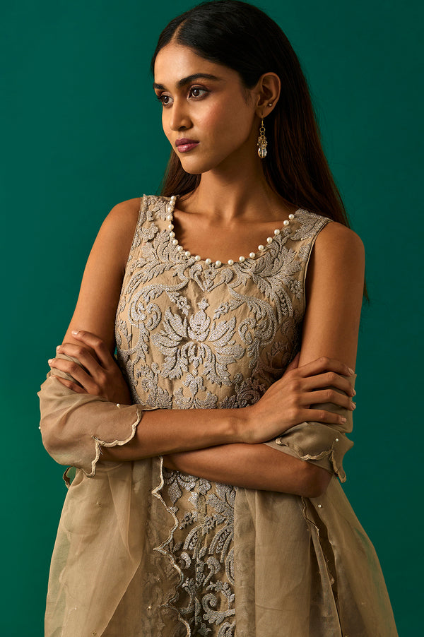 Beige Embroidered Anarkali Dress with Churidar and Dupatta Set