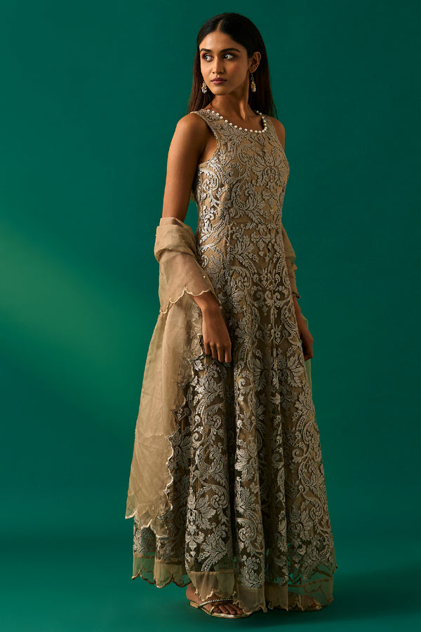 Beige Embroidered Anarkali Dress with Churidar and Dupatta Set