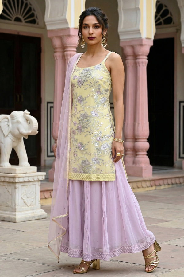 Yellow Zari Embroidered Straight Sleeveless Kurta with Cullotes and Dupatta Set