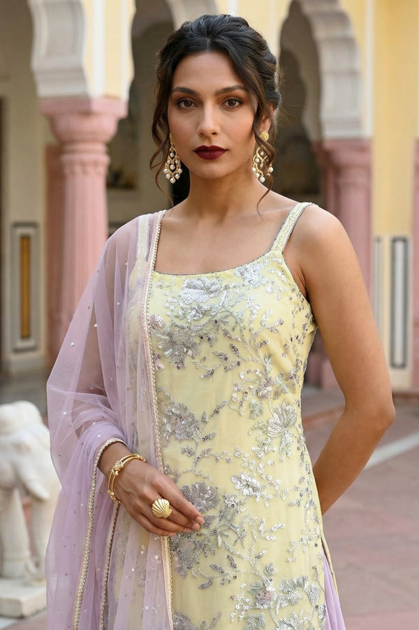 Yellow Zari Embroidered Straight Sleeveless Kurta with Cullotes and Dupatta Set
