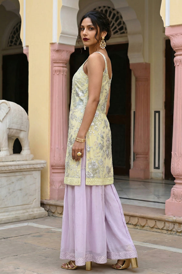 Yellow Zari Embroidered Straight Sleeveless Kurta with Cullotes and Dupatta Set