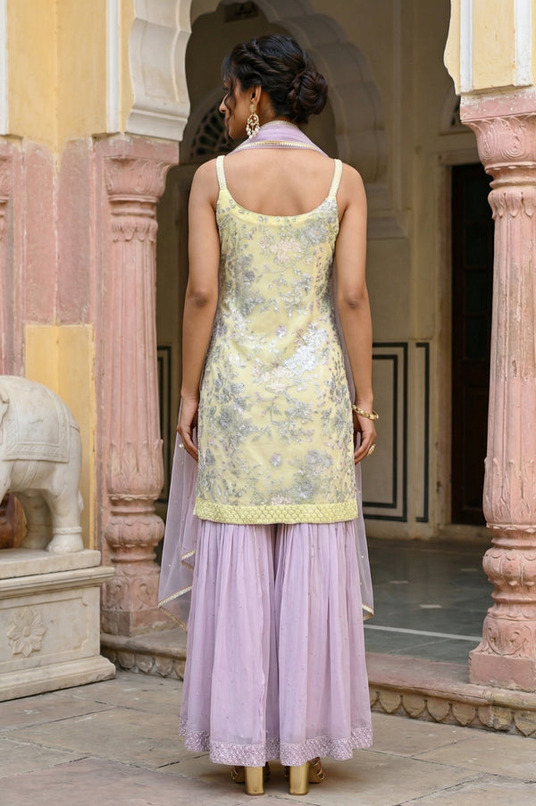 Yellow Zari Embroidered Straight Sleeveless Kurta with Cullotes and Dupatta Set
