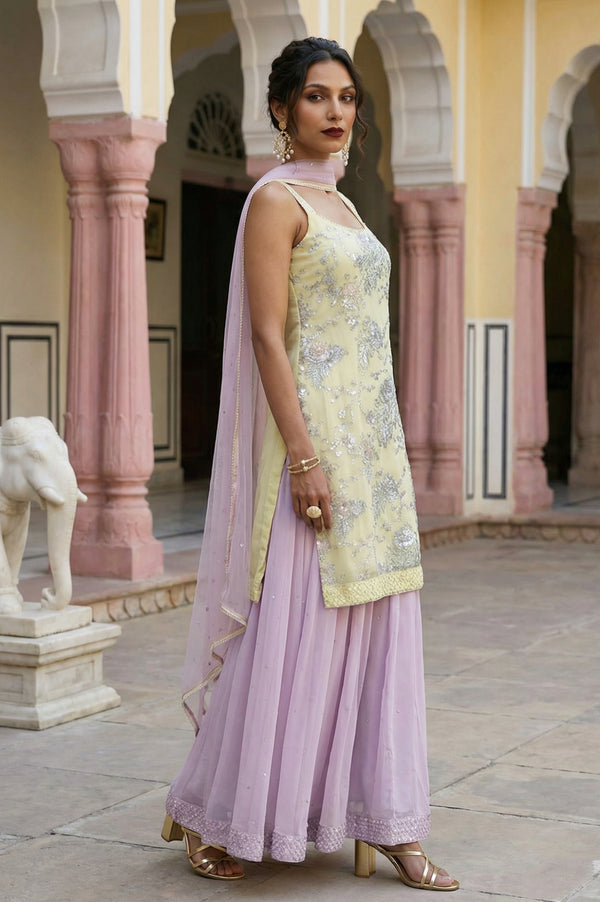 Yellow Zari Embroidered Straight Sleeveless Kurta with Cullotes and Dupatta Set