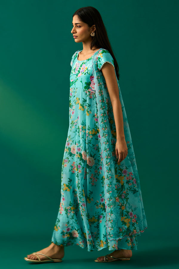 Aqua Blue Embroidered Sequined Flared Georgette Dress with Gillet Set