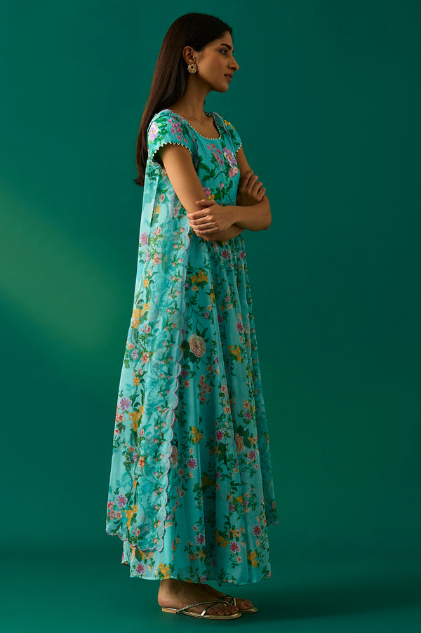 Aqua Blue Embroidered Sequined Flared Georgette Dress with Gillet Set