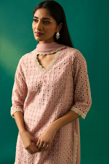 Pink Embroidered Schiffli Straight Short and Sharara Set with Dupatta Set