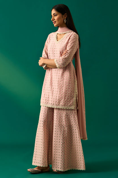 Pink Embroidered Schiffli Straight Short and Sharara Set with Dupatta Set