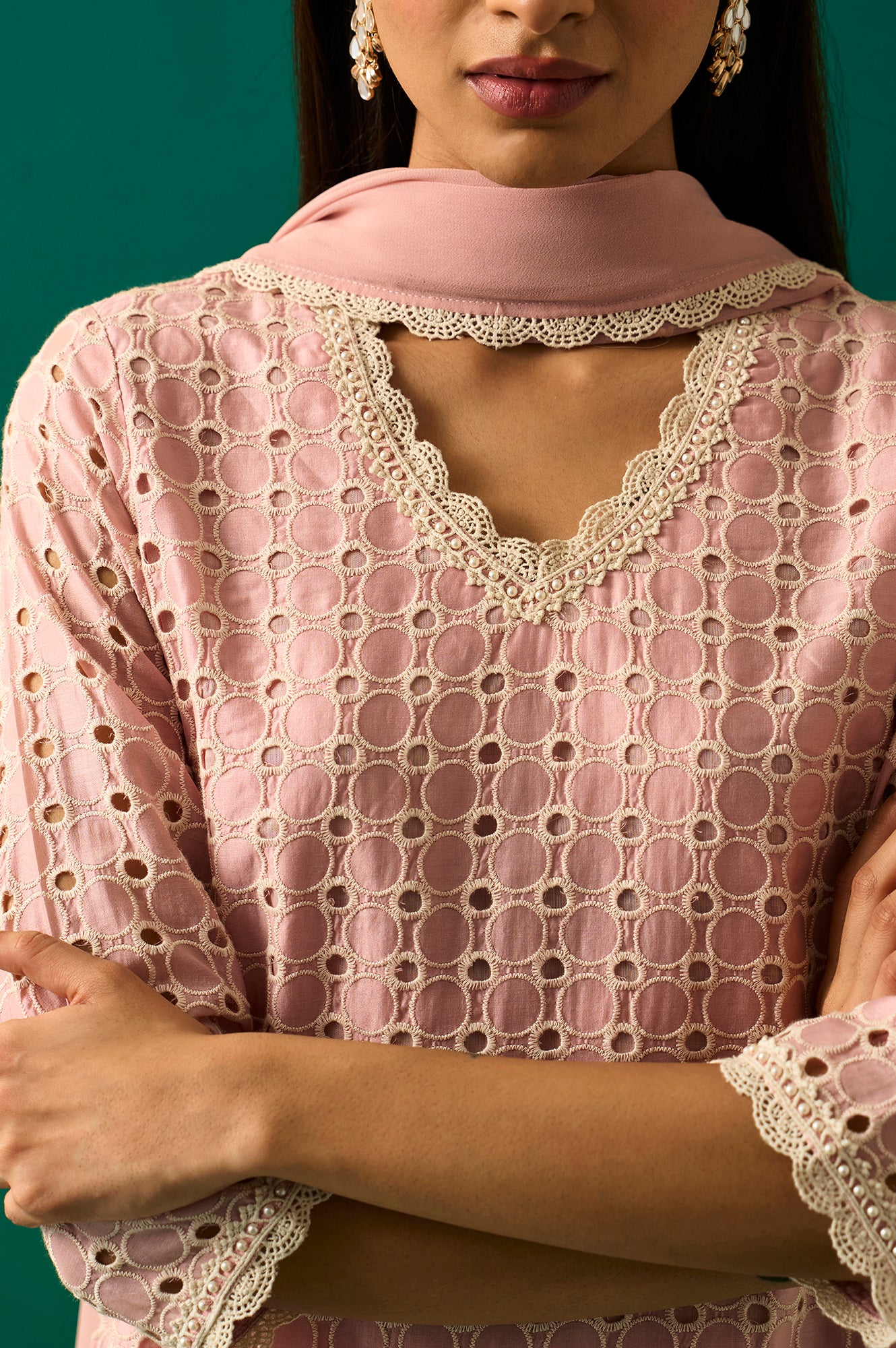 Pink Embroidered Schiffli Straight Short and Sharara Set with Dupatta Set