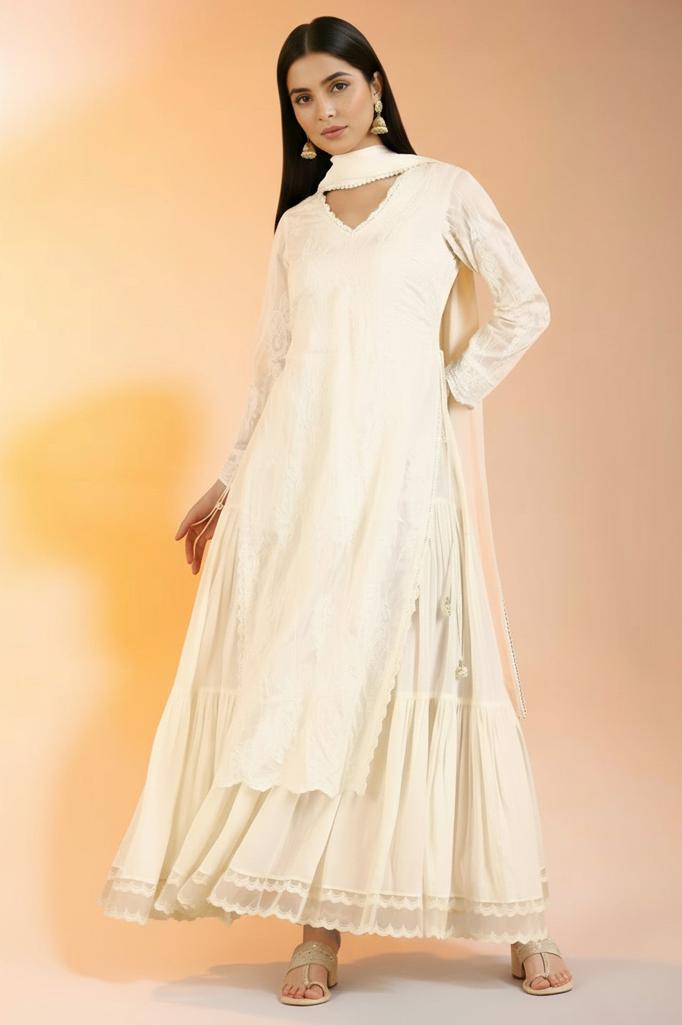 White Embroidered Mock Layer Tiered Dress and Dupatta Set