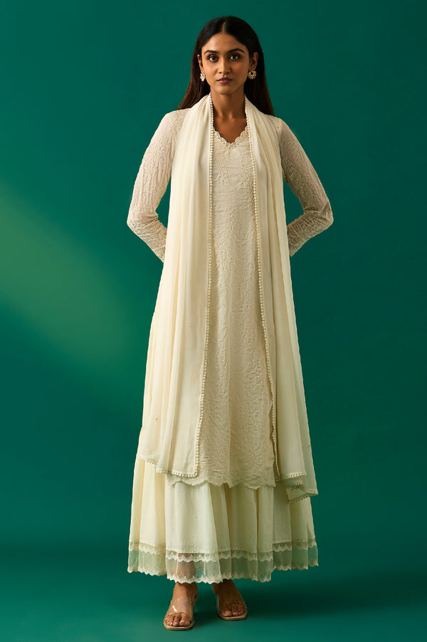 White Embroidered Mock Layer Tiered Dress and Dupatta Set