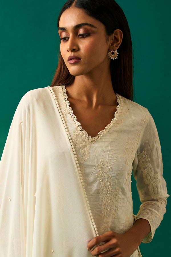 White Embroidered Mock Layer Tiered Dress and Dupatta Set