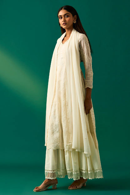 White Embroidered Mock Layer Tiered Dress and Dupatta Set