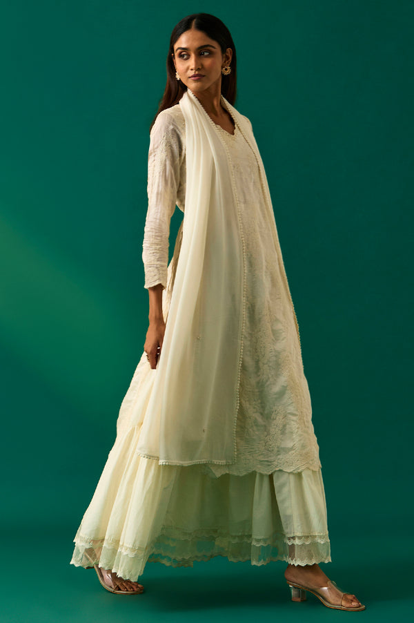 White Embroidered Mock Layer Tiered Dress and Dupatta Set