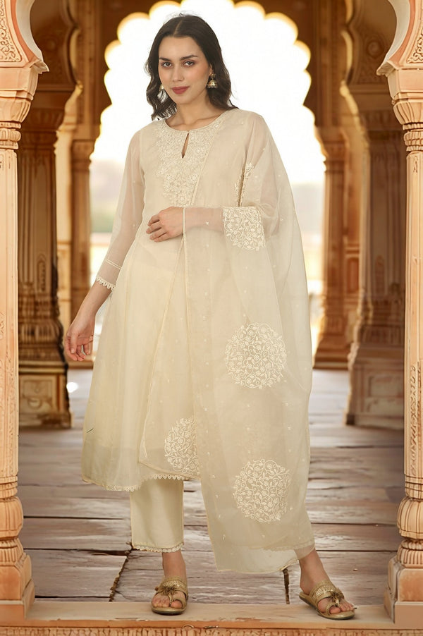 White Embroidered Organza Flared Kurta, Pants and Dupatta Set