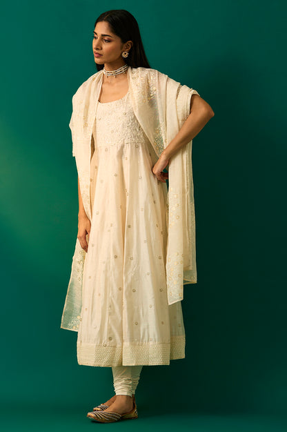 White Thread Embroidered Chanderi Sleeveless Flared Kurta, Churidar and Dupatta Set