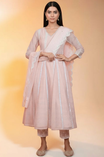 Pastel Pink Embroidered Festive Anarkali Kurta, Pants and Dupatta Set