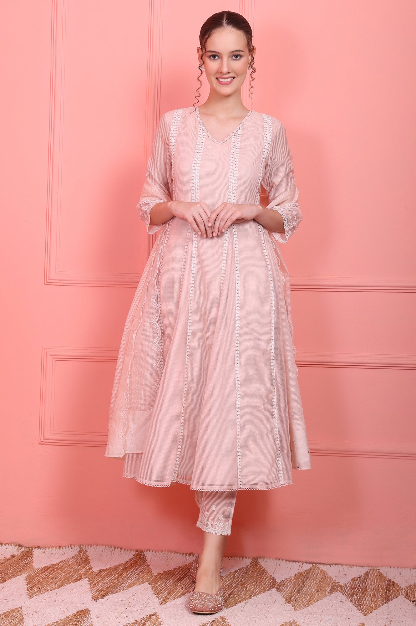Pastel Pink Embroidered Festive Anarkali Kurta, Pants and Dupatta Set
