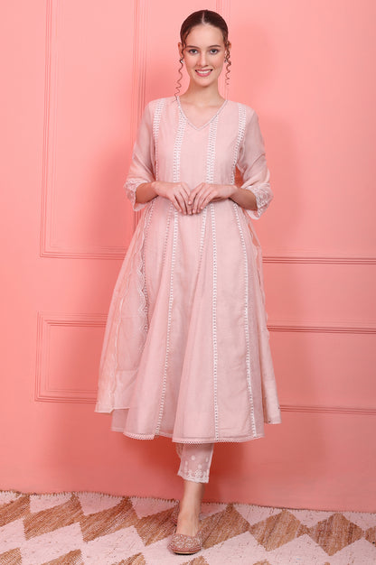 Pastel Pink Embroidered Festive Anarkali Kurta, Pants and Dupatta Set