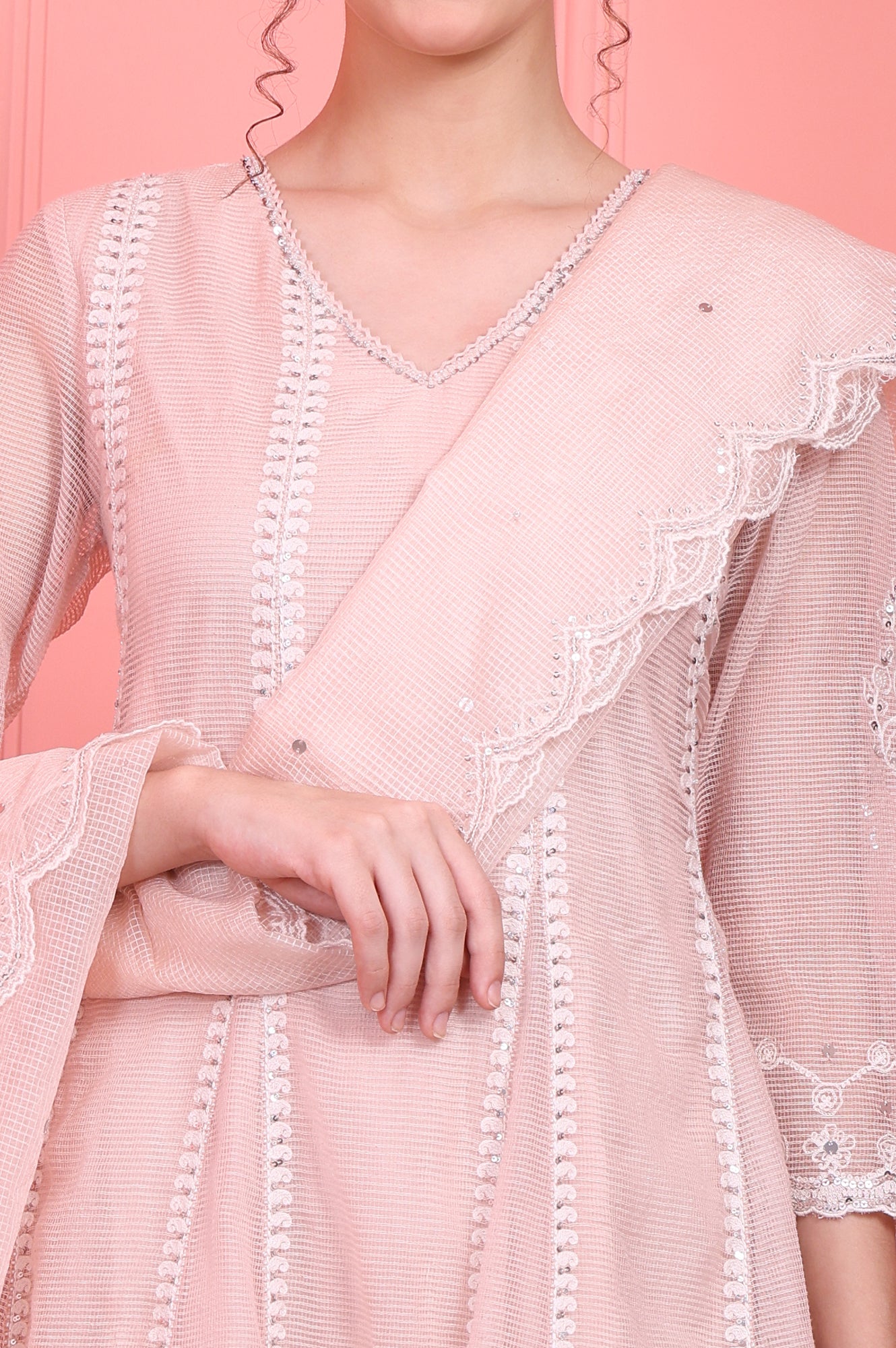 Pastel Pink Embroidered Festive Anarkali Kurta, Pants and Dupatta Set