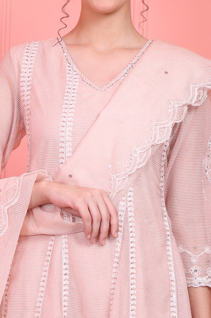 Pastel Pink Embroidered Festive Anarkali Kurta, Pants and Dupatta Set