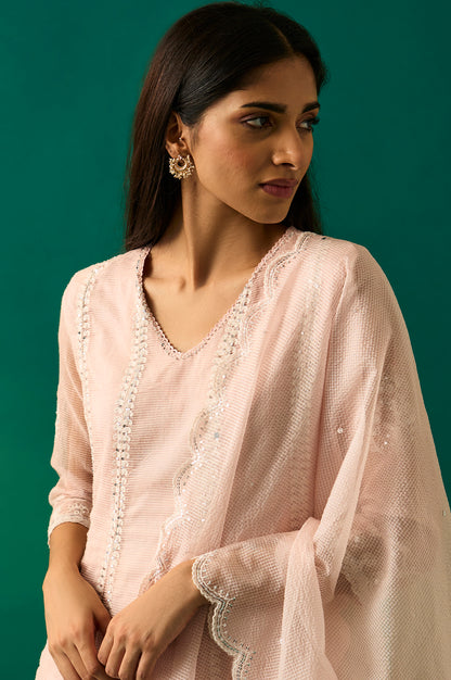 Pastel Pink Embroidered Festive Anarkali Kurta, Pants and Dupatta Set