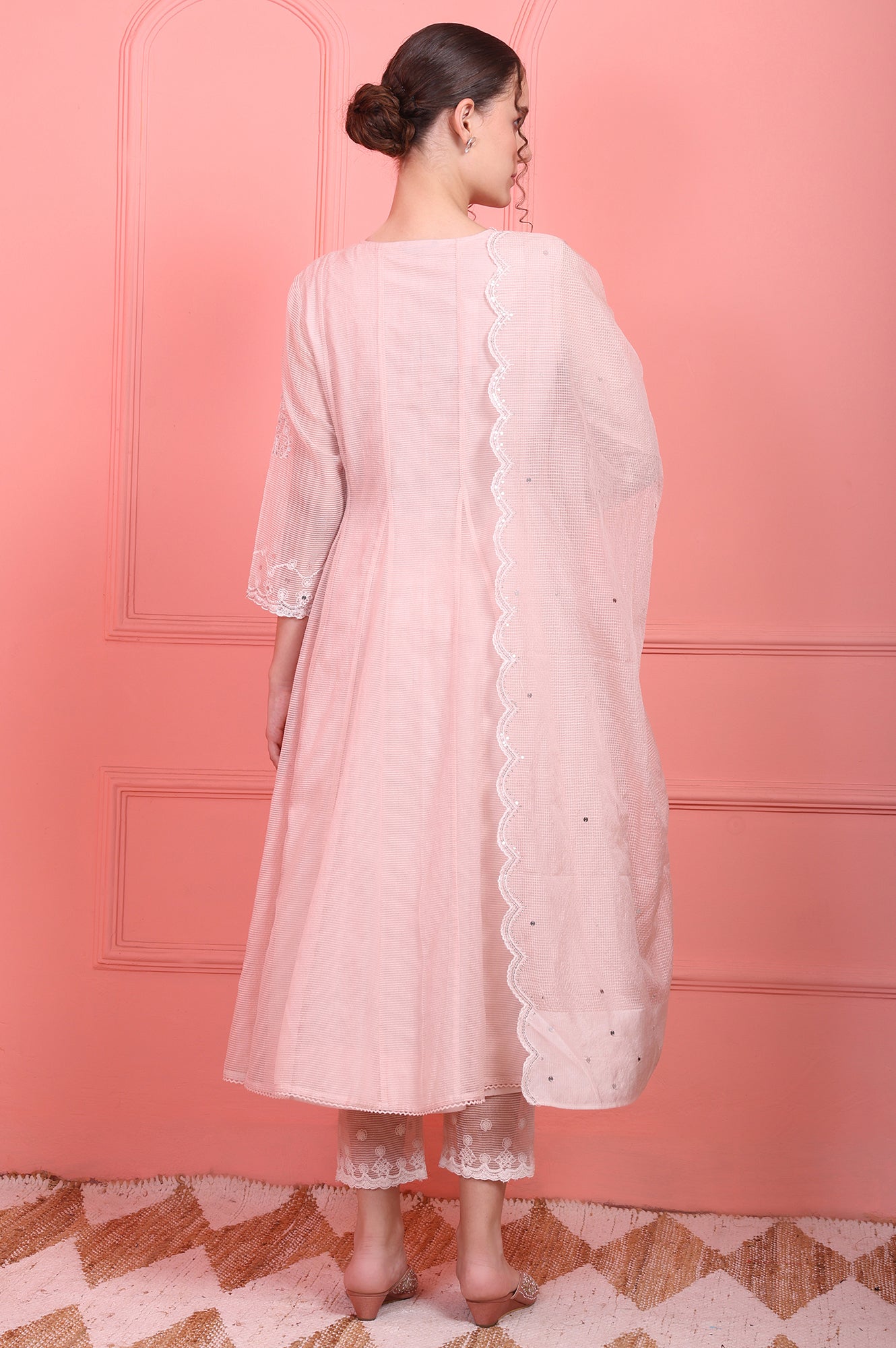 Pastel Pink Embroidered Festive Anarkali Kurta, Pants and Dupatta Set