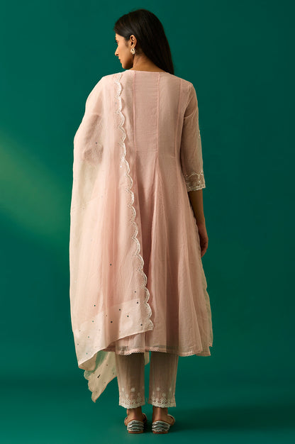 Pastel Pink Embroidered Festive Anarkali Kurta, Pants and Dupatta Set