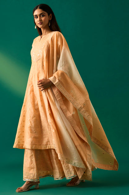 Peach Yarn Dyed Printed Chandari Jaquard Flared Kurta, Culotte and Dupatta Set