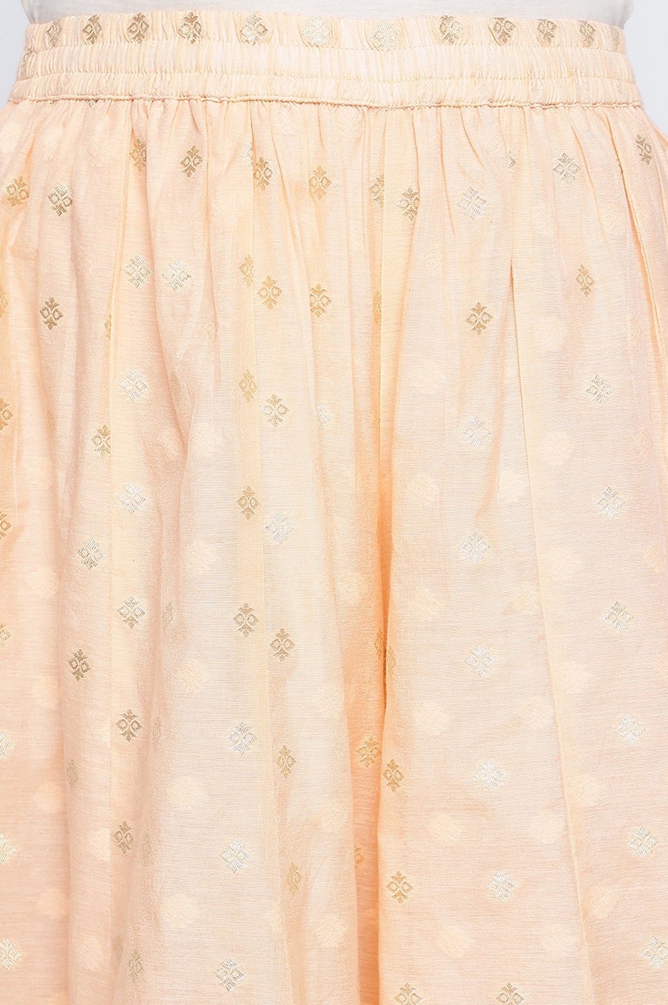 Peach Yarn Dyed Printed Chandari Jaquard Flared Kurta, Culotte and Dupatta Set