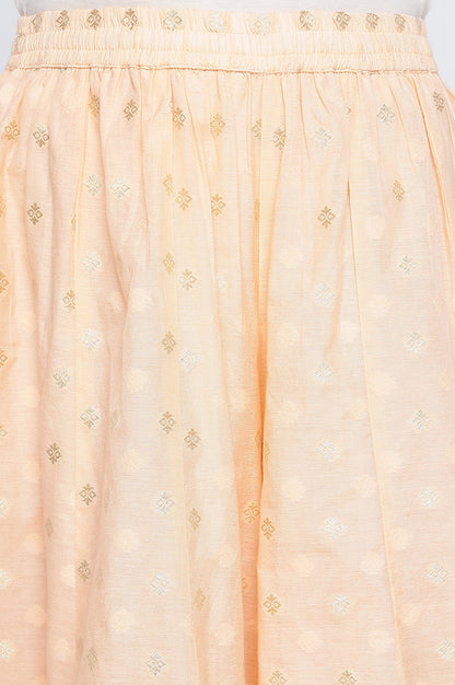Peach Yarn Dyed Printed Chandari Jaquard Flared Kurta, Culotte and Dupatta Set