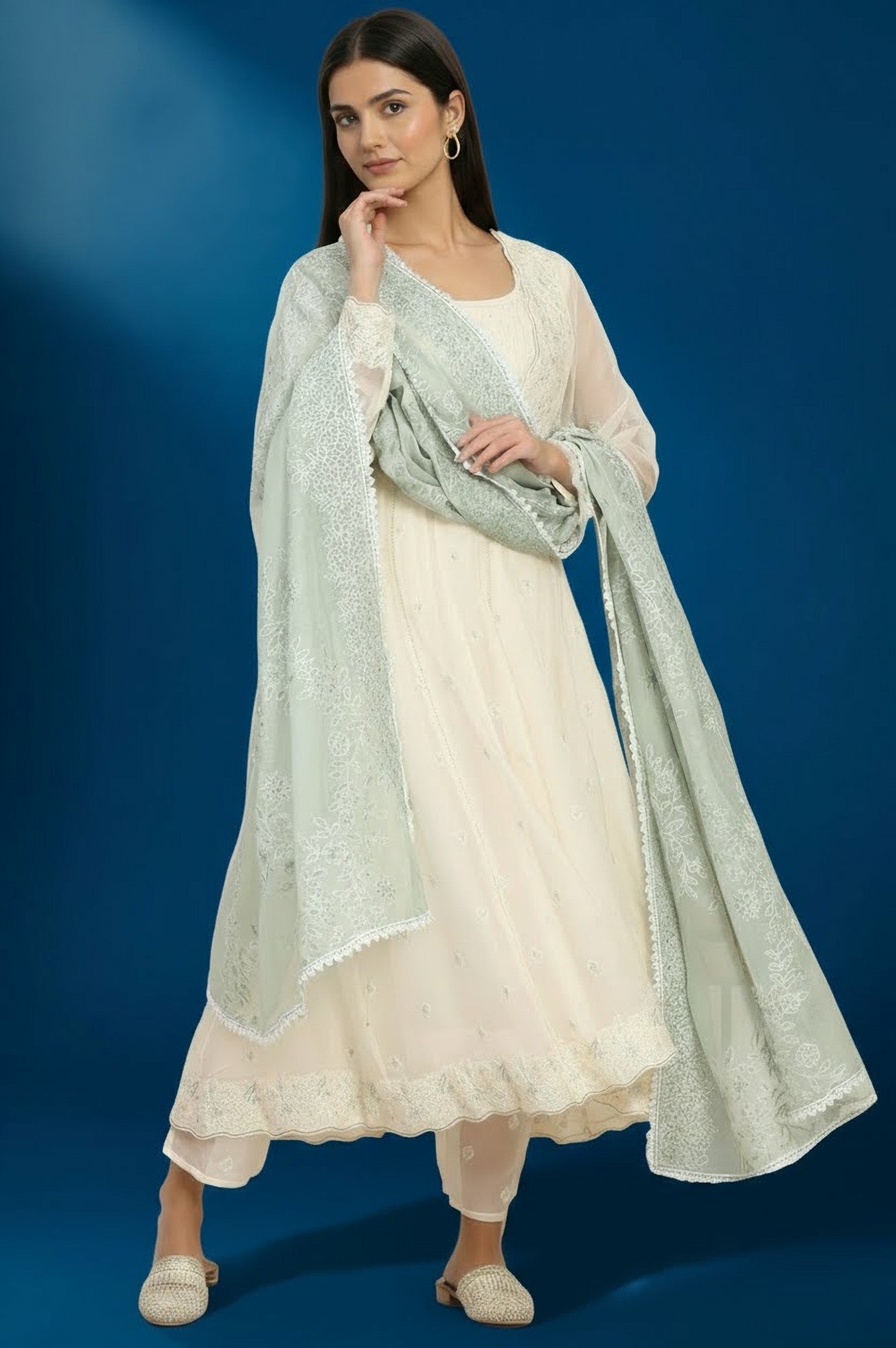 Off White Thread Embroidered Organza Flared Kurta, Pants and Dupatta Set