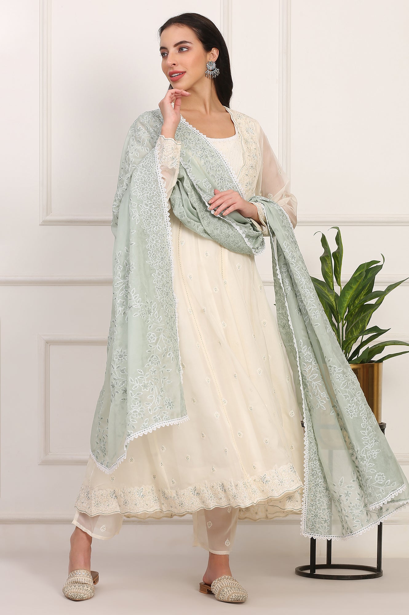 Off White Thread Embroidered Organza Flared Kurta, Pants and Dupatta Set